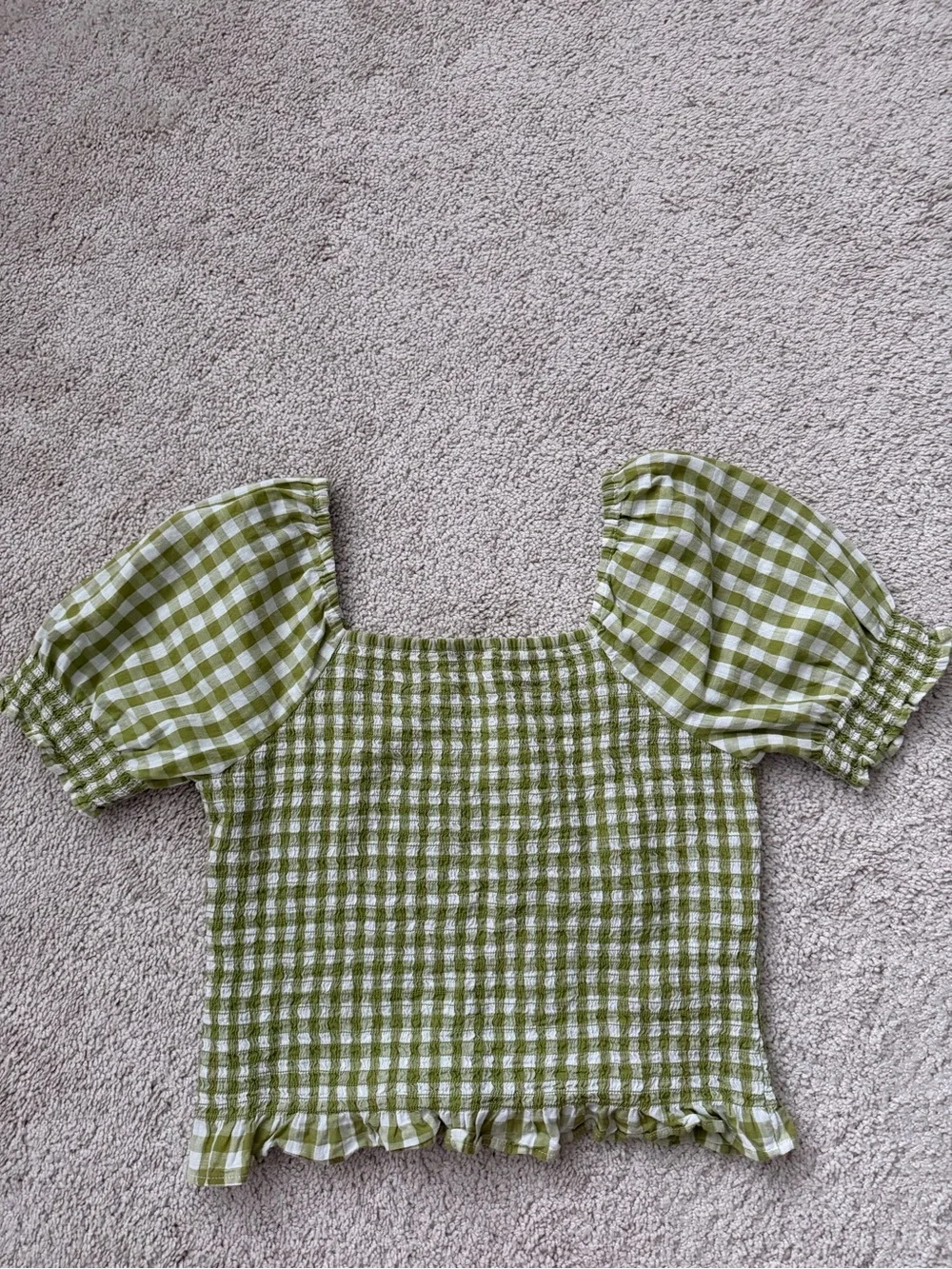 Madewell Olive & White Gingham Smocked Square-Neck Top